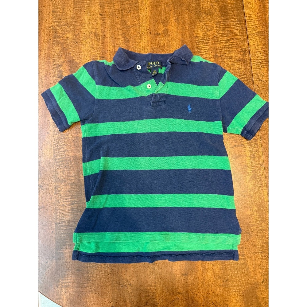 Polo Ralph Lauren Boys S 8 Navy Green Stripe Cotton Pique Polo Shirt Pony
